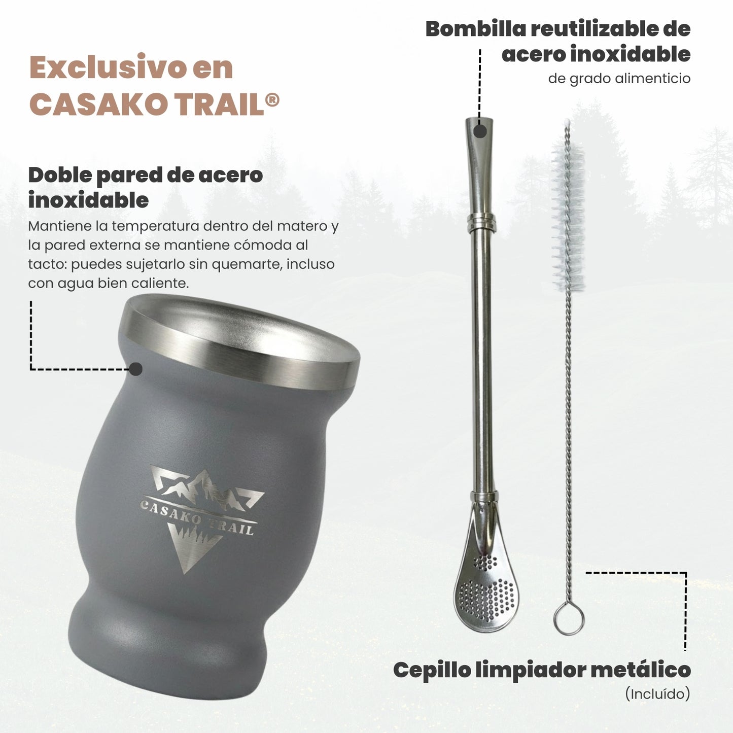Vaso matero térmico 240 ml con bombilla acero inoxidable Gris Granito