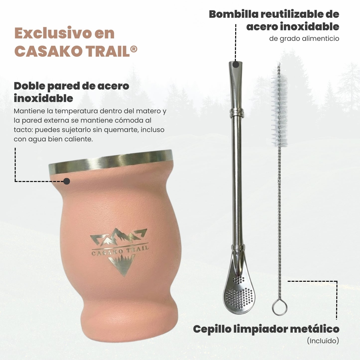Vaso matero térmico 240 ml con bombilla acero inoxidable Rosa Melón