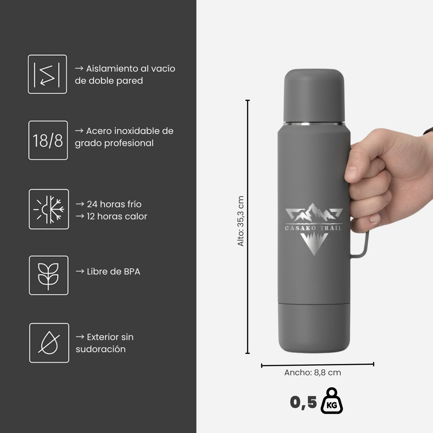Termo térmico 1,2 L con asa acero inoxidable Gris Granito