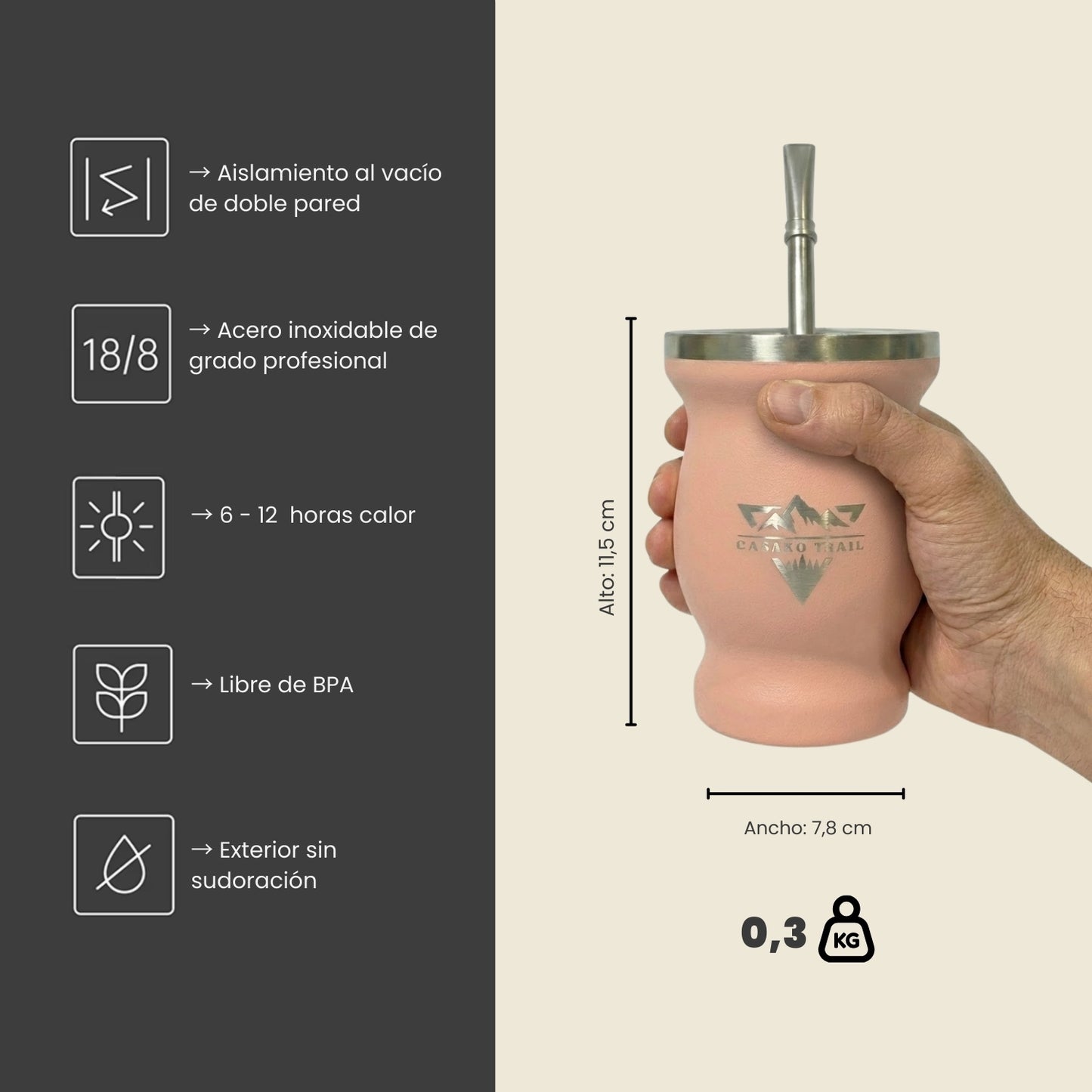 Vaso matero térmico 240 ml con bombilla acero inoxidable Rosa Melón