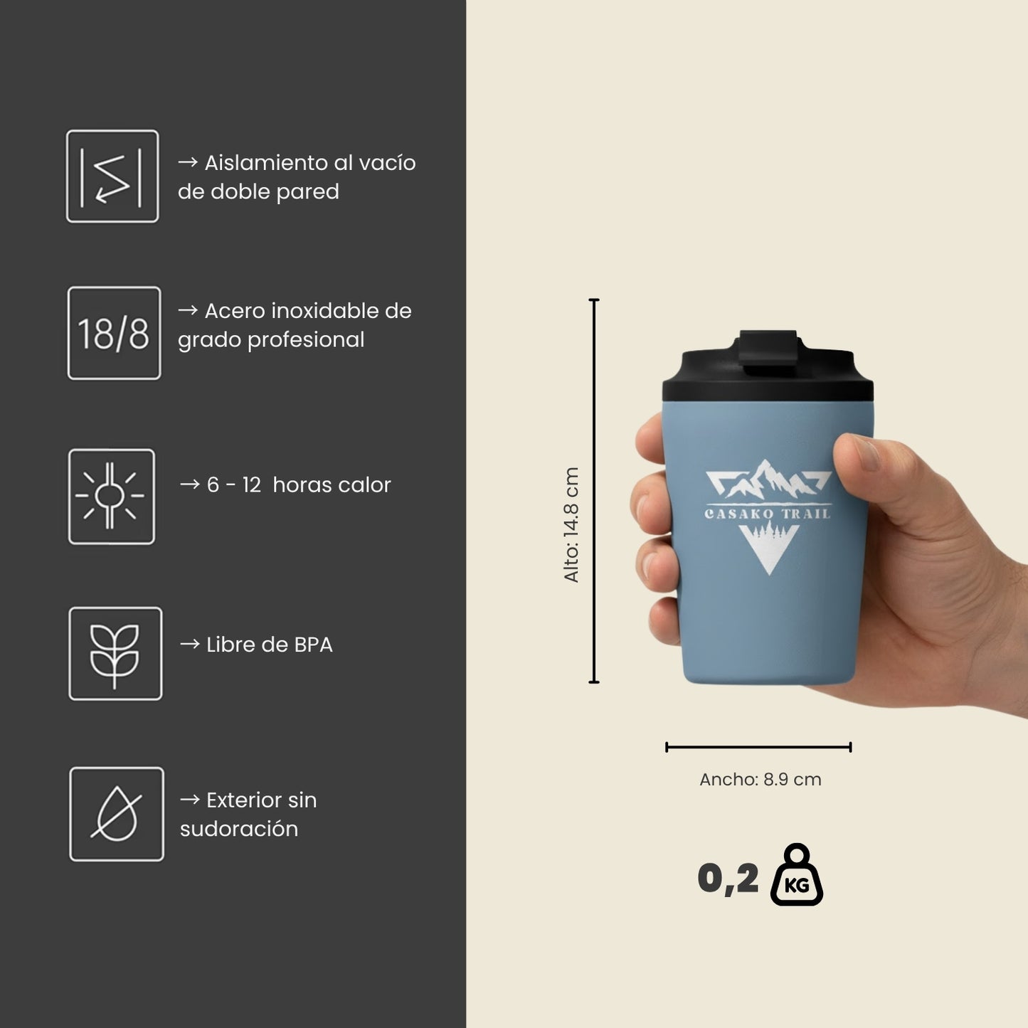 Mug térmico 350 ml para café FlipSeal acero inoxidable Azul Carbón