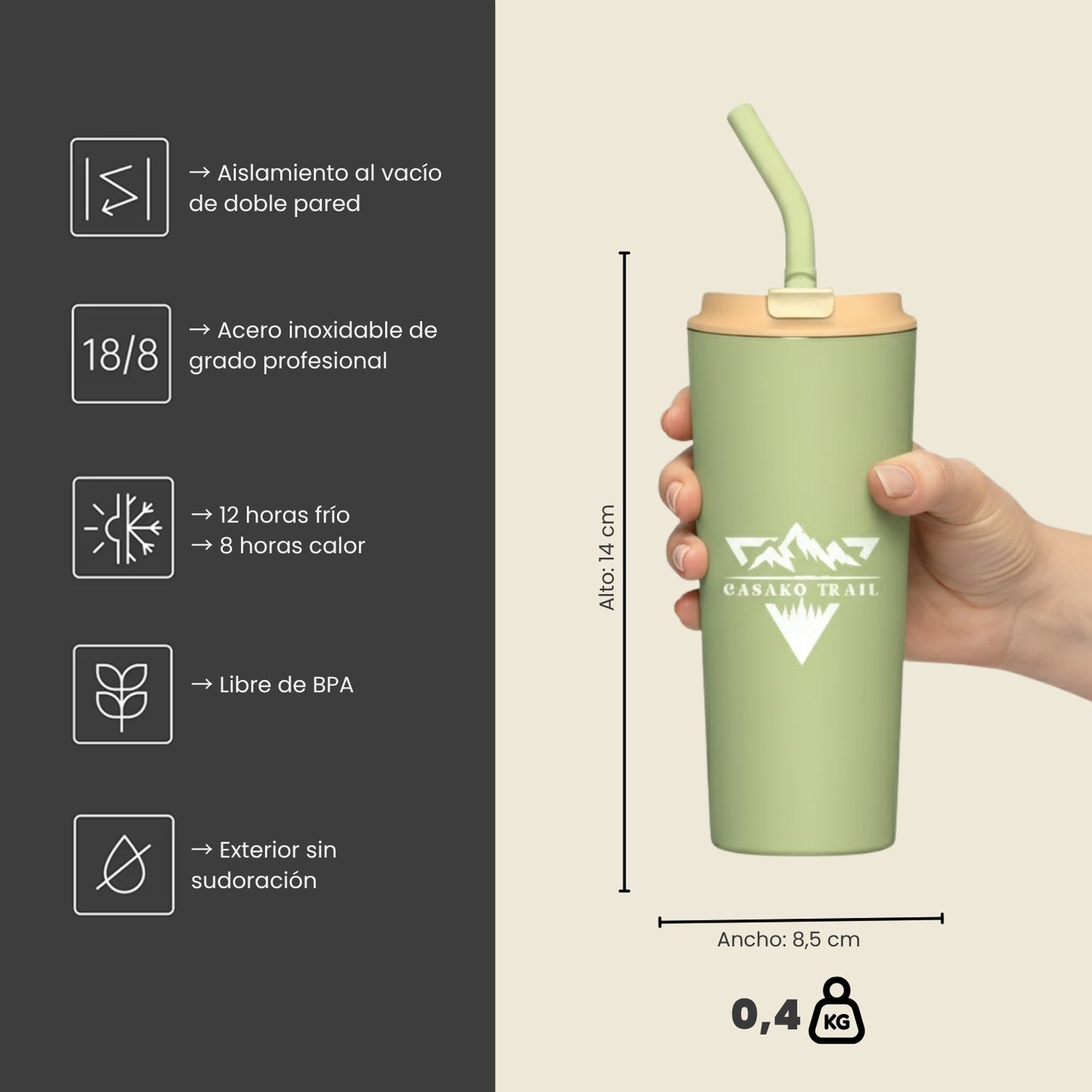 Vaso térmico 700 ml con bombilla Flow acero inoxidable Verde Matcha